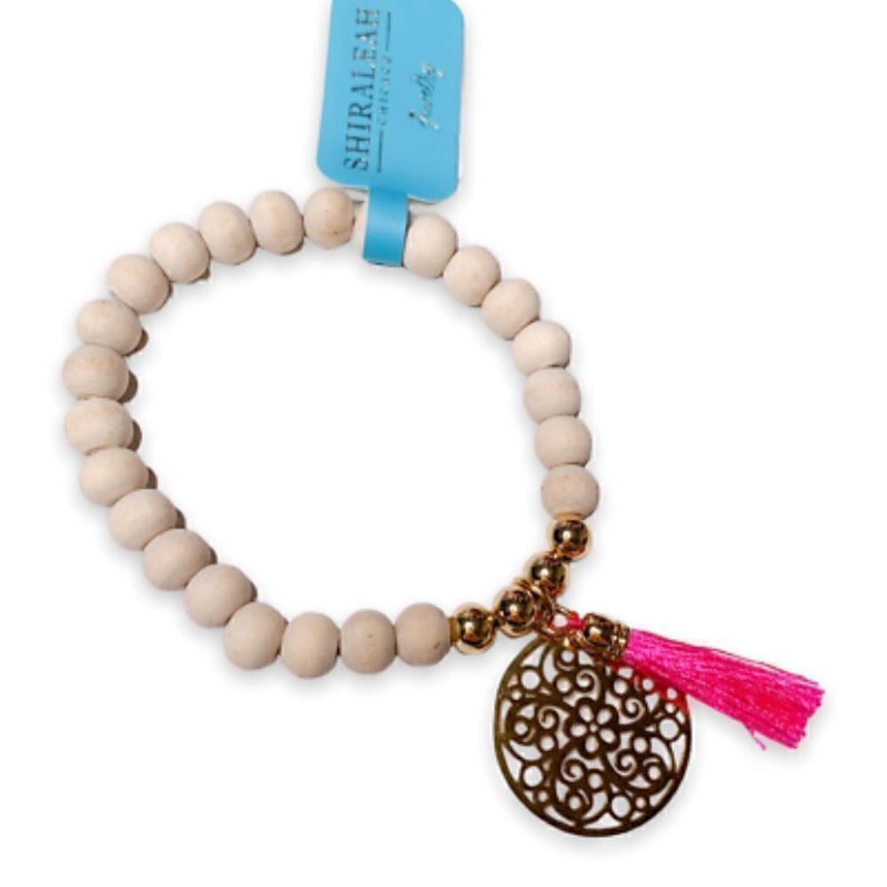 Shiraleah Bali Boho Wood Bead Tassel Pink Bracelet